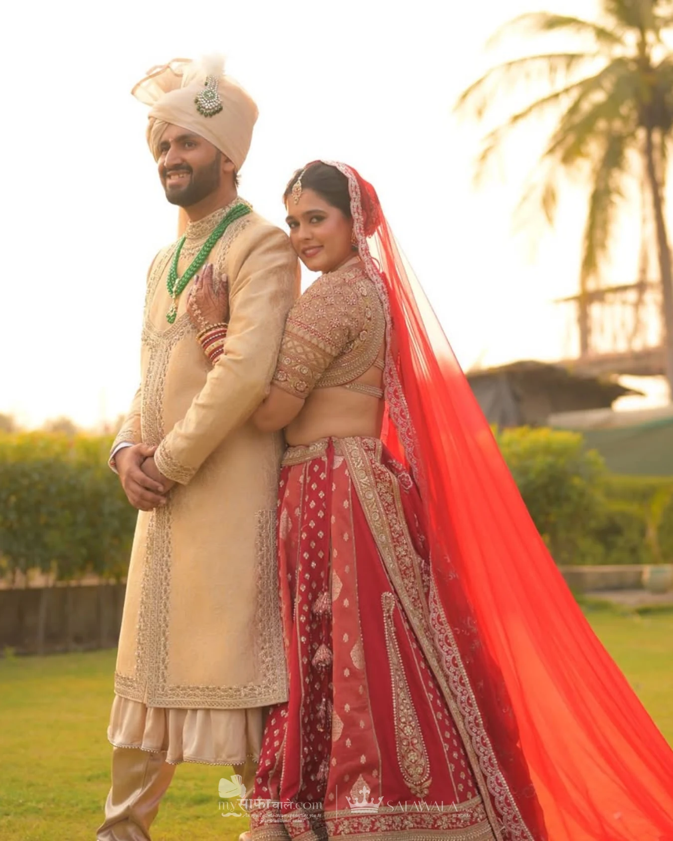 Classic groom pagdi styled with a red ceremonial stole for safa tying at hotel in Praslin
